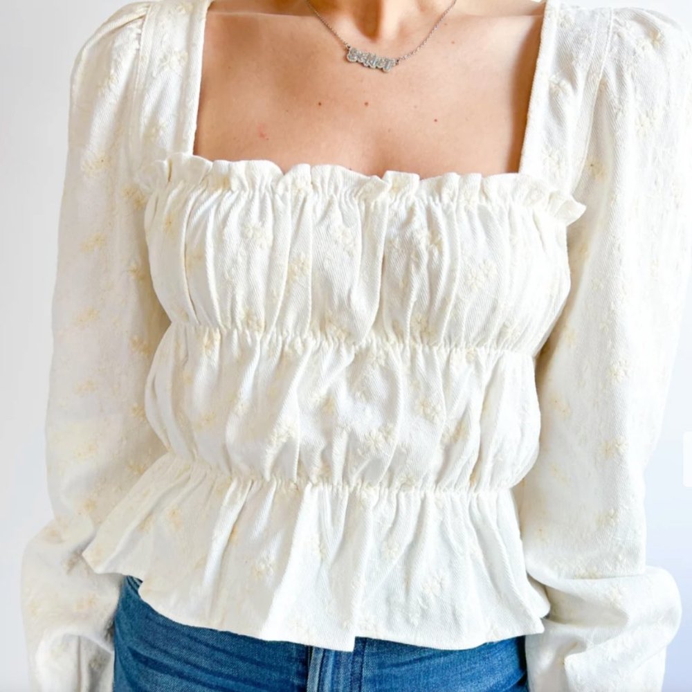 NWT XS EMMIE RUCHED EMBROIDERED DENIM TOP By En Saison